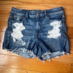 American Eagle Outfitters Blue Denim Shorts hi rise shortie size 8 distressed